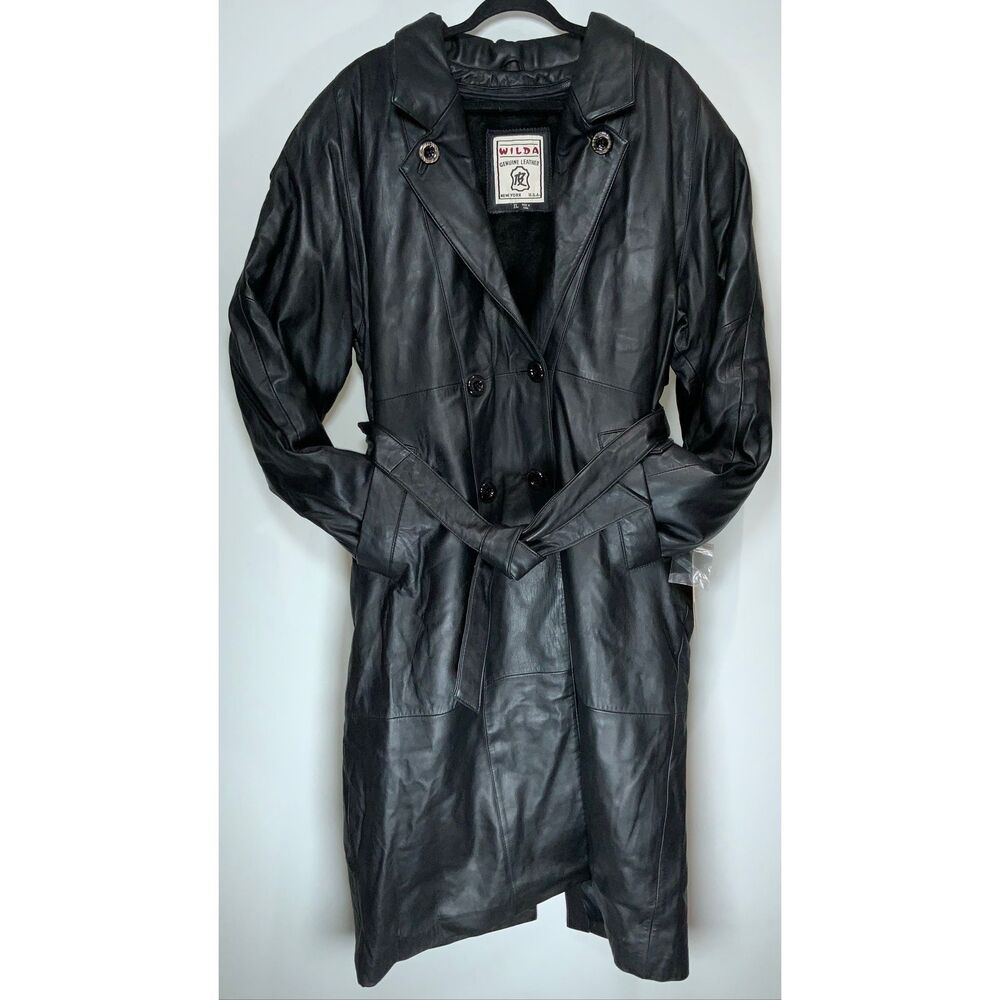 Wilda vintage 90s black leather trench coat size XL